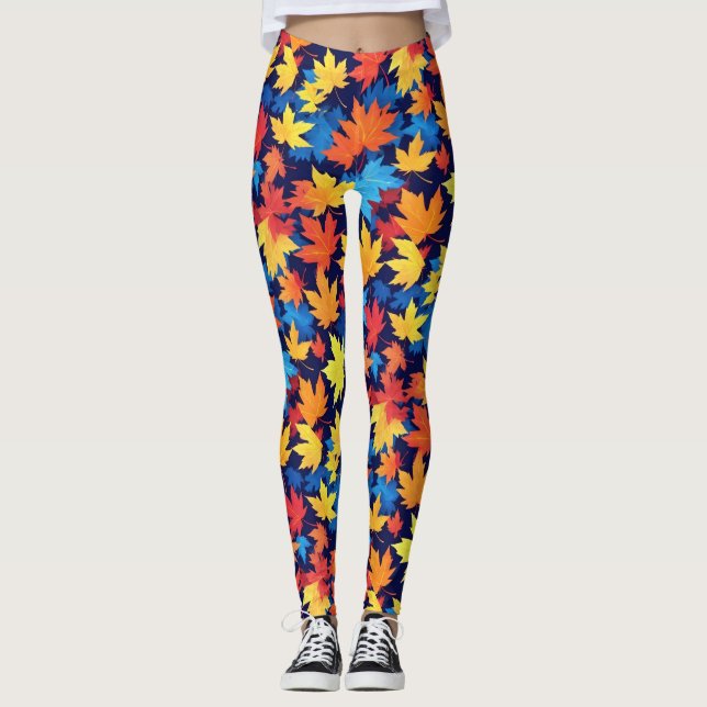 Colorful Autumn Leaves On Dark Blue Background Leggings (Front)