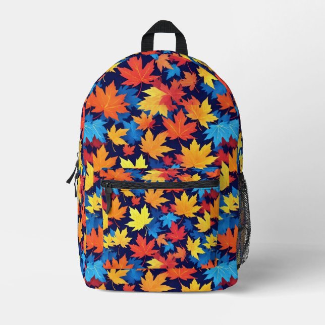 Colorful Autumn Leaves On Dark Blue Background Printed Backpack (Front)