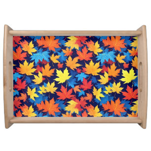 Colorful Autumn Leaves On Dark Blue Background Serving Tray