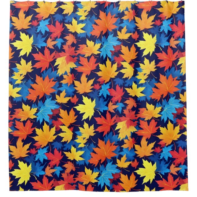 Colorful Autumn Leaves On Dark Blue Background Shower Curtain (Front)