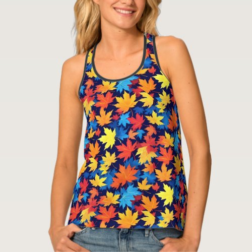 Colorful Autumn Leaves On Dark Blue Background Tank Top