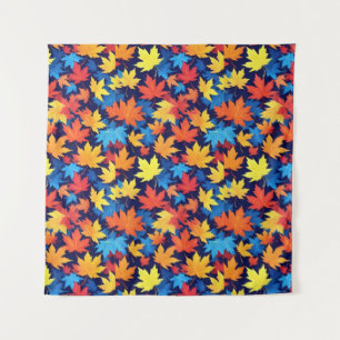 Colorful Autumn Leaves On Dark Blue Background Tapestry