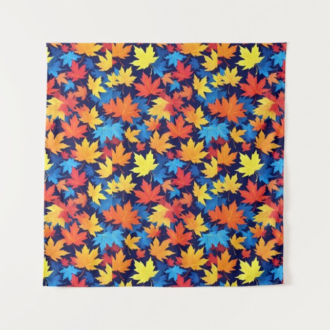 Colorful Autumn Leaves On Dark Blue Background Tapestry (Front)