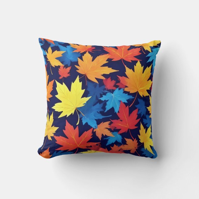 Colorful Autumn Leaves On Dark Blue Background Throw Pillow (Front)