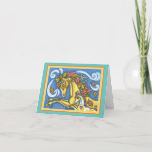 COLORFUL AUTUMN LEAVES ON WHIMSICAL HORSE & COLT CARD