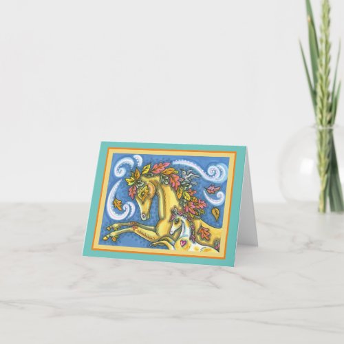 COLORFUL AUTUMN LEAVES ON WHIMSICAL HORSE  COLT CARD