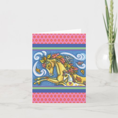 COLORFUL AUTUMN LEAVES ON WHIMSICAL HORSE & COLT CARD