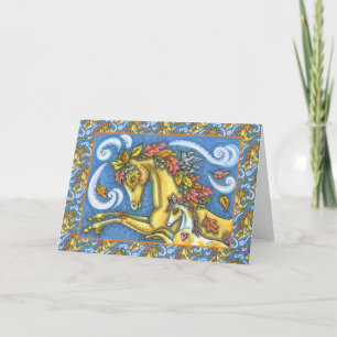 COLORFUL AUTUMN LEAVES ON WHIMSICAL HORSE & COLT CARD