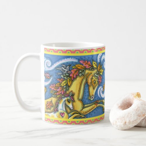 COLORFUL AUTUMN LEAVES ON WHIMSICAL HORSE  COLT COFFEE MUG