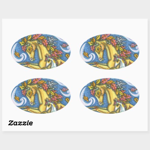 COLORFUL AUTUMN LEAVES ON WHIMSICAL HORSE  COLT OVAL STICKER