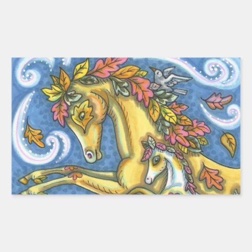 COLORFUL AUTUMN LEAVES ON WHIMSICAL HORSE & COLT RECTANGULAR STICKER