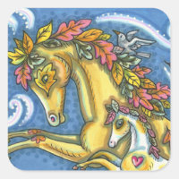 COLORFUL AUTUMN LEAVES ON WHIMSICAL HORSE & COLT SQUARE STICKER