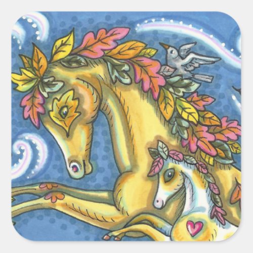 COLORFUL AUTUMN LEAVES ON WHIMSICAL HORSE  COLT SQUARE STICKER