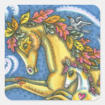 COLORFUL AUTUMN LEAVES ON WHIMSICAL HORSE &amp; COLT SQUARE STICKER