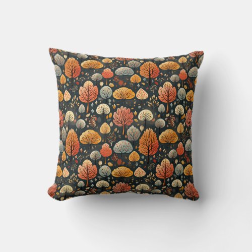 Colorful autumn leaves orange trees in fall forest throw pillow