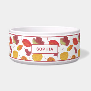 Colorful Autumn Leaves Pattern & Custom Pet Name Bowl