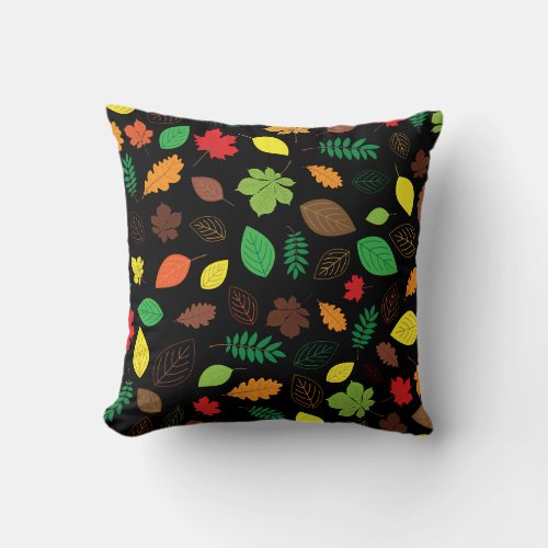 Colorful Autumn Leaves Pattern on Black Throw Pillow