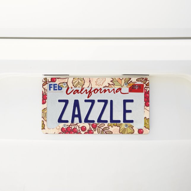 Colorful Autumn Leaves Red Berries Pattern License Plate Frame (On Car)