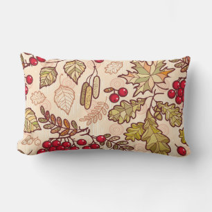 Colorful Autumn Leaves Red Berries Pattern Lumbar Pillow