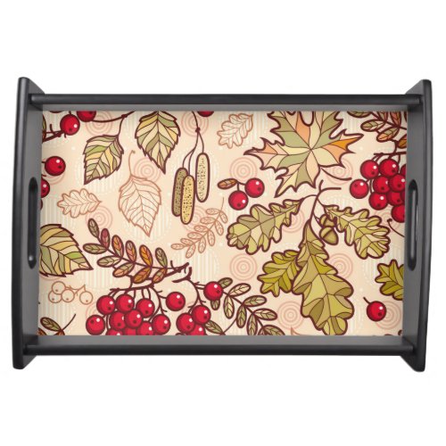 Colorful Autumn Leaves Red Berries Pattern Serving Tray