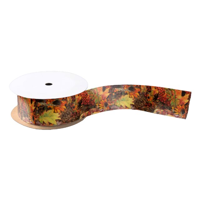 Colorful Autumn Leaves Satin Ribbon (Spool)