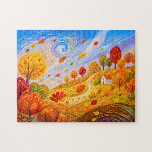 Colorful autumn leaves swirling in wind jigsaw puzzle