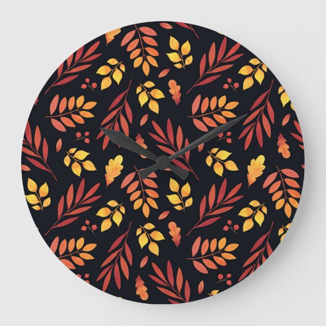 Colorful Autumn Leaves Watercolor Pattern Large Clock (Front)