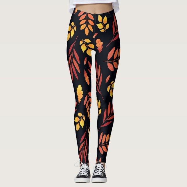 Colorful Autumn Leaves Watercolor Pattern Leggings (Front)