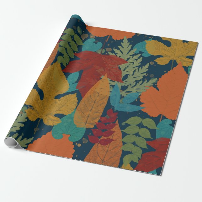 Colorful Autumn Leaves Wrapping Paper (Unrolled)