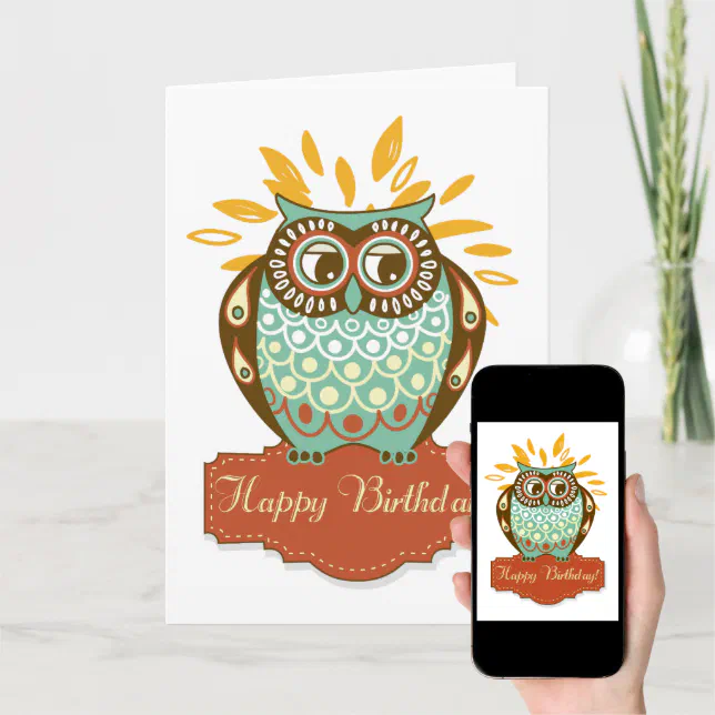 Colorful Autumn Owl Floral Happy Birthday Card | Zazzle