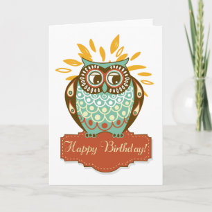 Colorful Autumn Owl Floral Happy Birthday Card