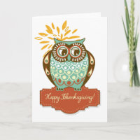 Colorful Autumn Owl Floral Happy Thanksgiving Card