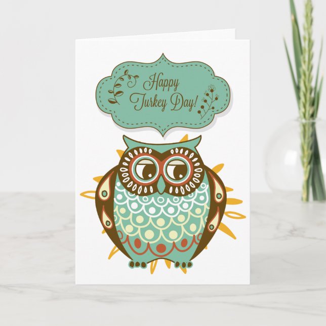 Colorful Autumn Owl Floral Happy Turkey Day Card (Front)