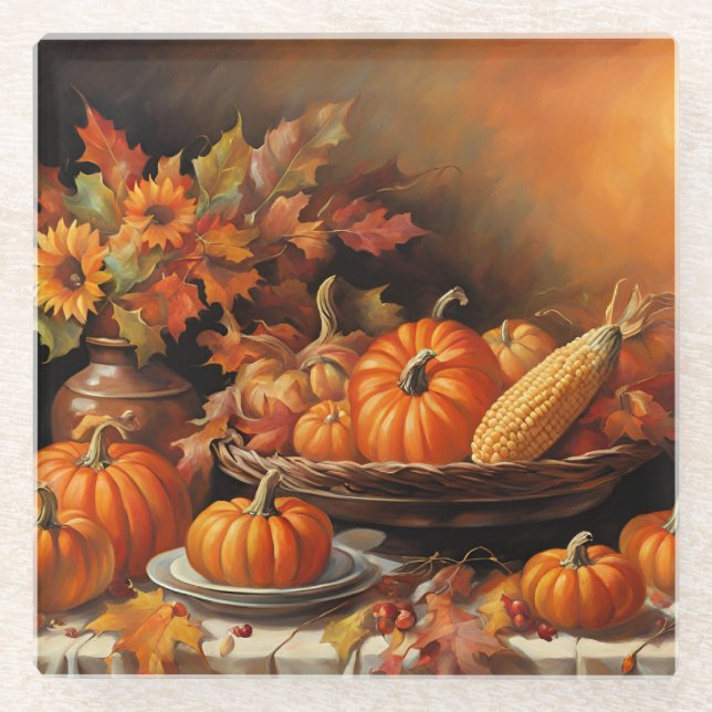 Colorful Autumn Pumpkins Glass Coaster (Front)