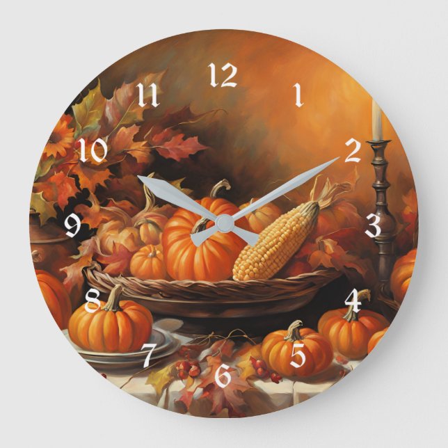 Colorful Autumn Pumpkins Large Clock (Front)