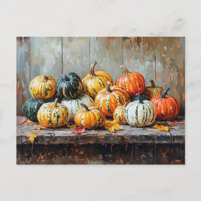 Colorful Autumn Pumpkins on Rustic Table Postcard (Front)