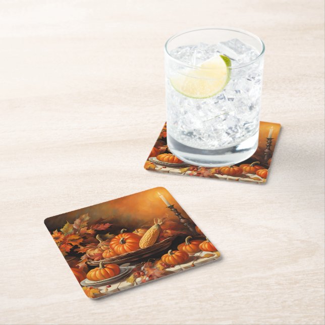Colorful Autumn Pumpkins Square Paper Coaster (Insitu)
