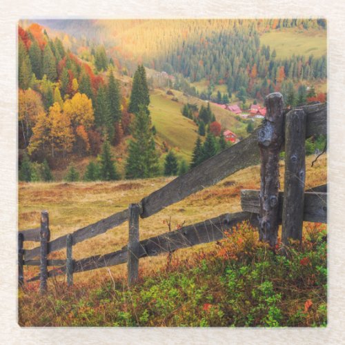 Colorful Autumn Scene With Fence In Transylvania Glass Coaster