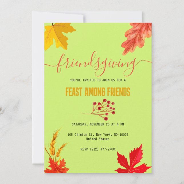 Colorful Autumn Thanksgiving Feast Green Invitation (Front)