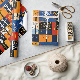 Colorful Autumn Tree Patchwork Pattern Wrapping Paper