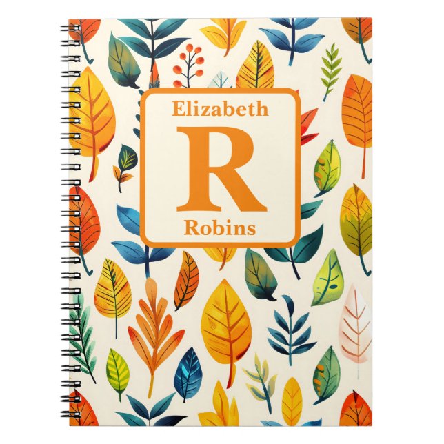 Colorful autums leaves boho personalized monogram  notebook (Front)