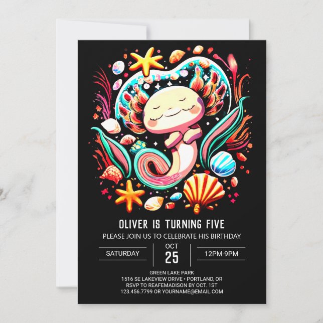 Colorful Axolotl Modern Birthday  Invitation (Front)