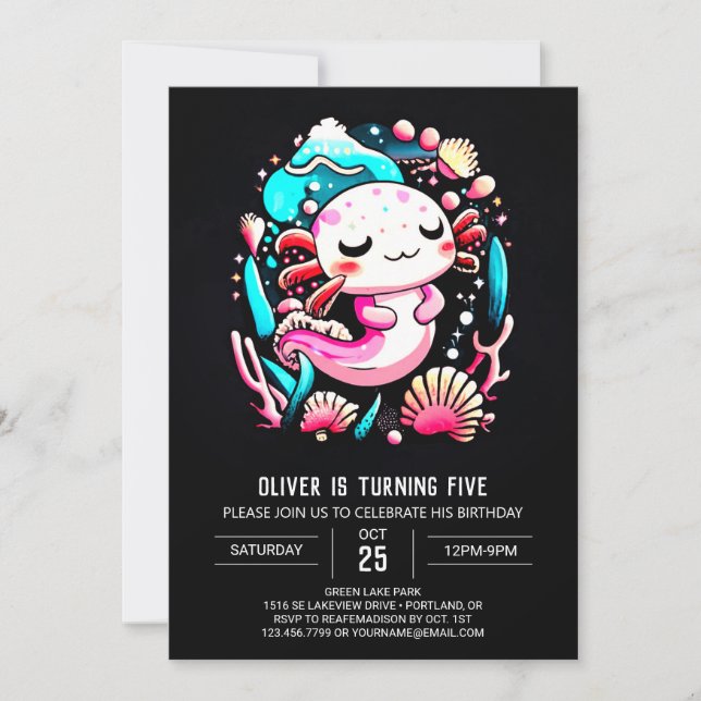 Colorful Axolotl Watercolor Birthday Celebration Invitation (Front)