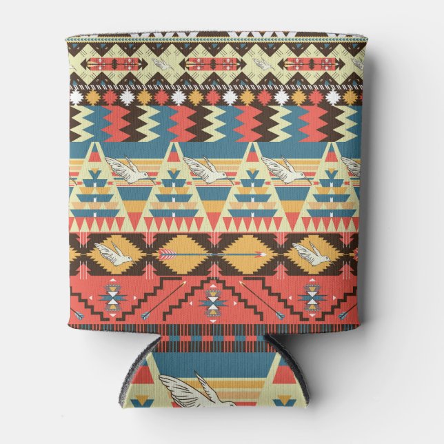 Colorful Aztec: birds, flowers pattern. Can Cooler (Front)