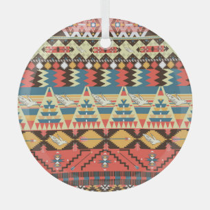 Colorful Aztec: birds, flowers pattern. Glass Ornament