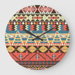 Colorful Aztec: birds, flowers pattern. Large Clock