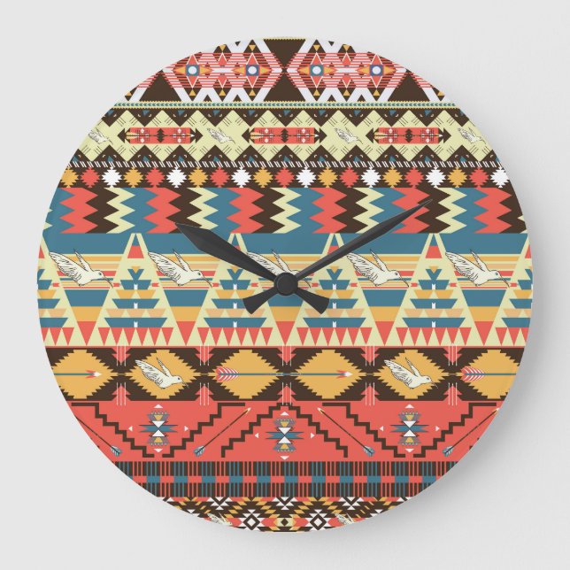 Colorful Aztec: birds, flowers pattern. Large Clock (Front)