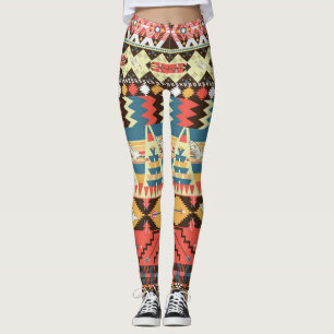 Colorful Aztec: birds, flowers pattern. Leggings