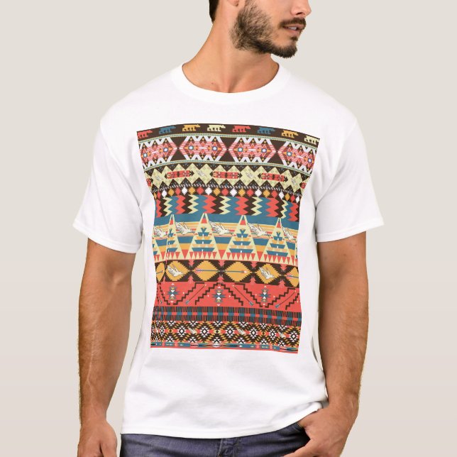 Colorful Aztec: birds, flowers pattern. T-Shirt (Front)