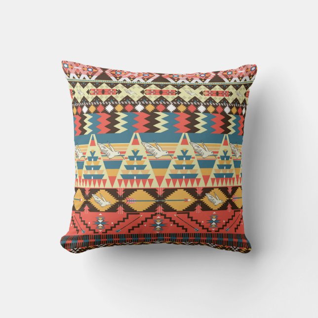 Colorful Aztec: birds, flowers pattern. Throw Pillow (Front)